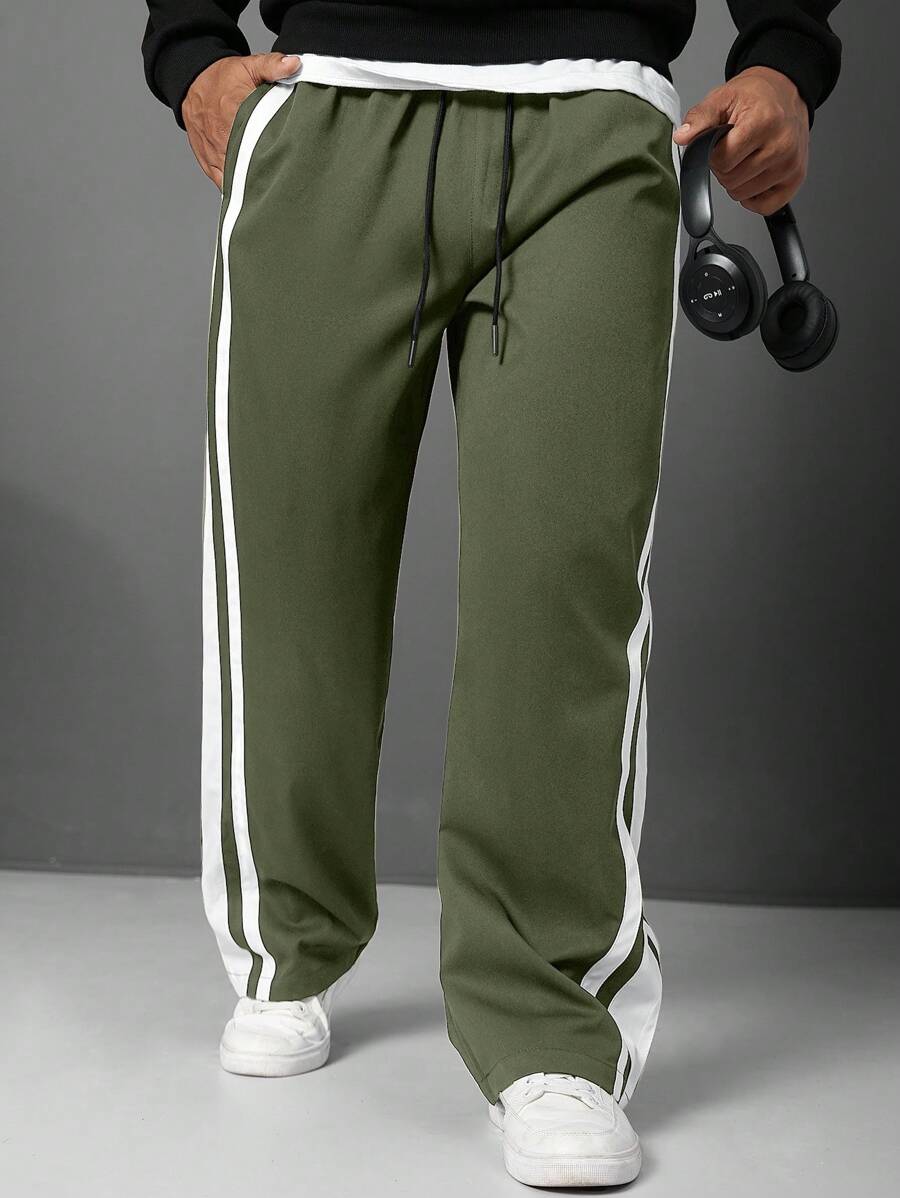 Manfinity Homme Pantalones rectos con rayas laterales, bolsillos y cintura con cordón para tallas grandes