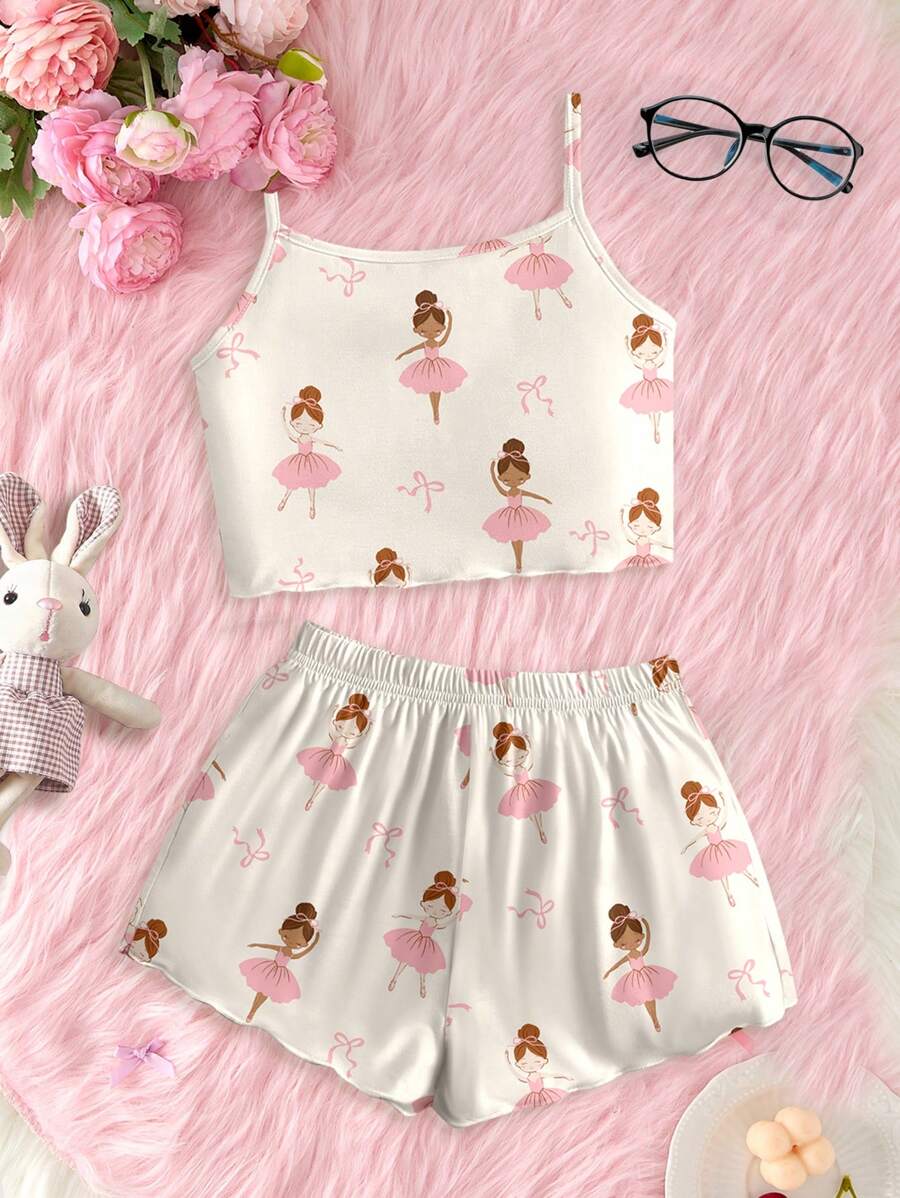 SHEIN Jonge meisjes strik & ballerina grafische casual camisole top & shorts loungewear set, geschikt voor de zomer