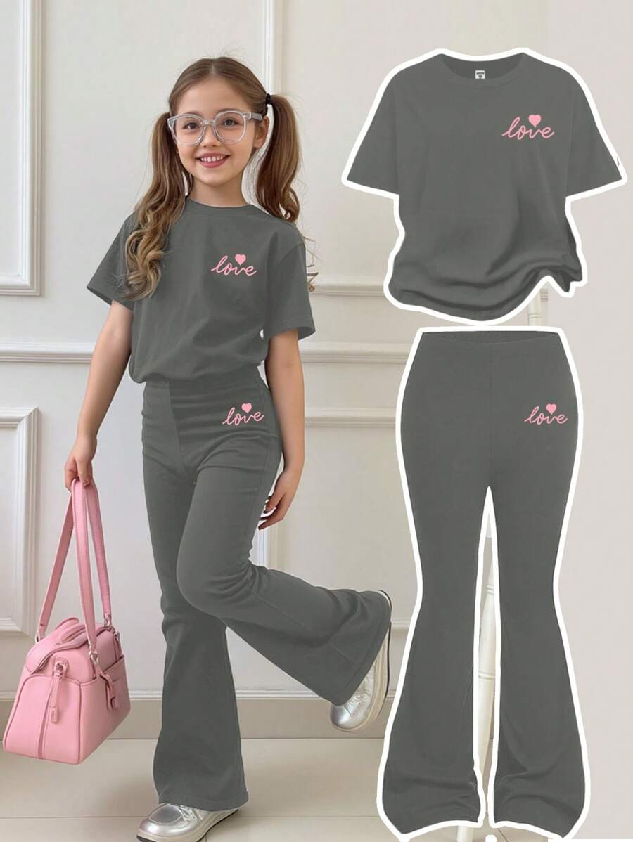 SHEIN 2 stuks Meisjes Casual Eenvoudige Ronde Hals Korte Mouw Top En Broek Set, Geschikt Voor De Zomer