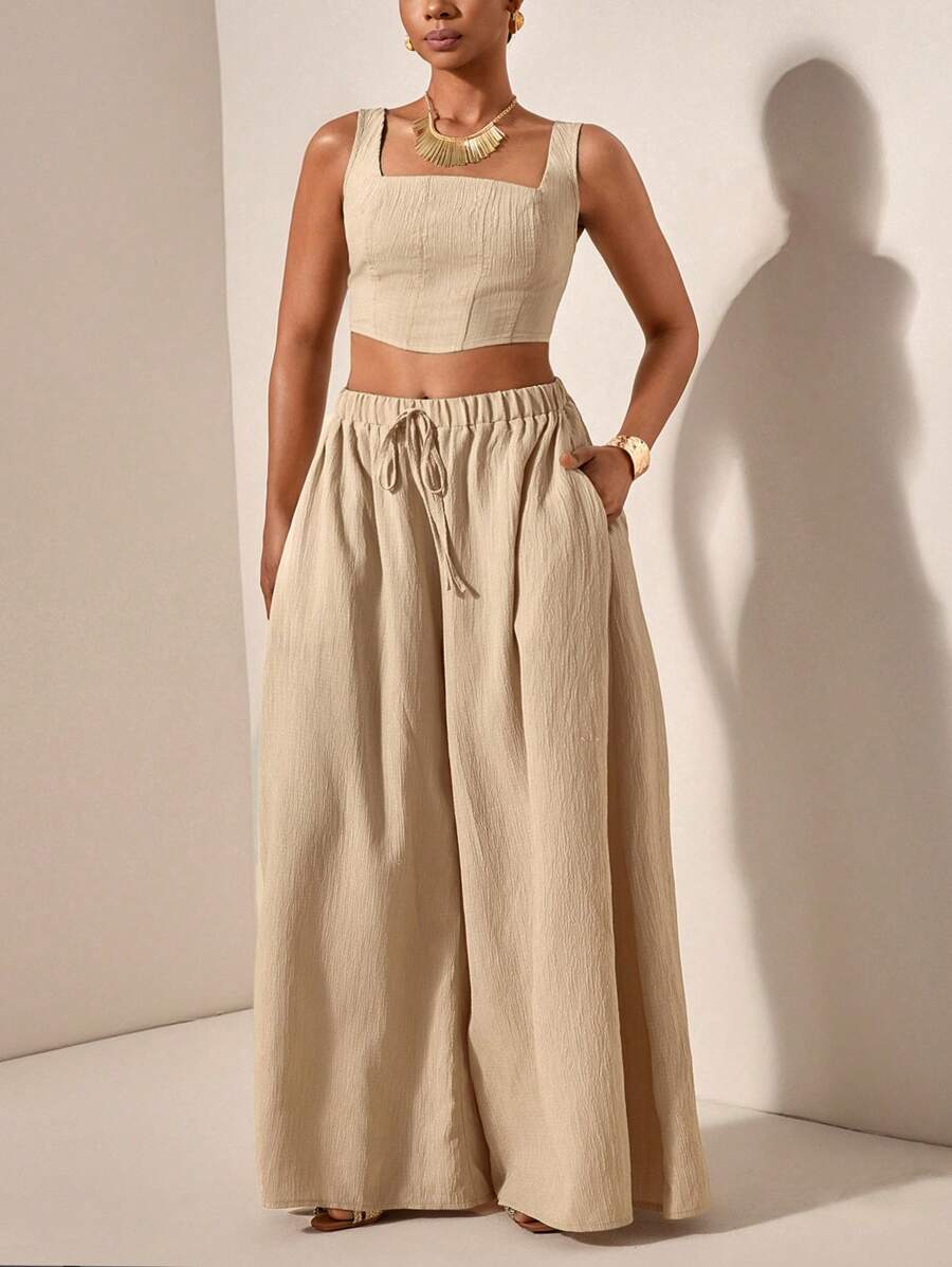Veslaya Completo estivo 2 pezzi composto da top con laccetti a forma di lisca di pesce e pantaloni a gamba ampia con tasche, in tessuto strutturato, per donna con taglie forti