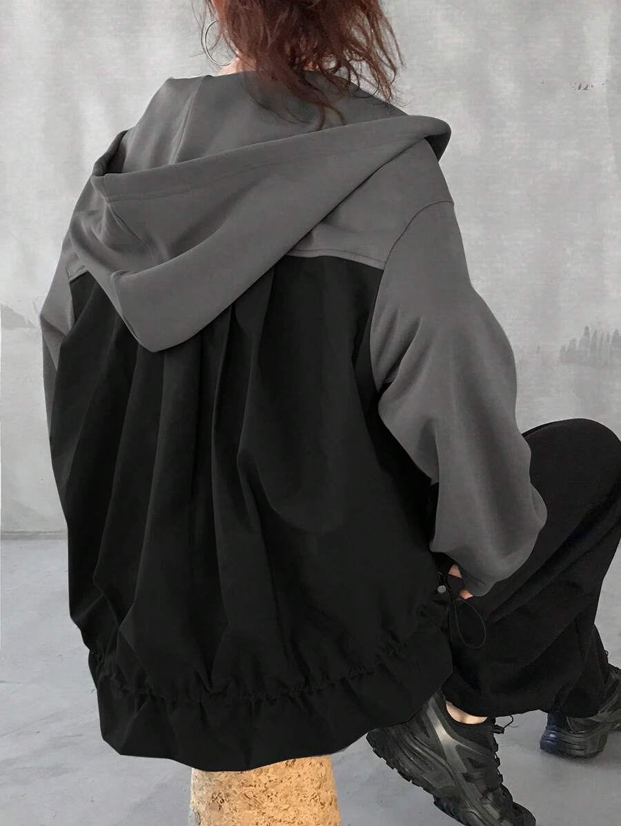 FRIFUL Women's Contrast Color Drop Shoulder Long Sleeve Casual Loose Hooded Jacket
