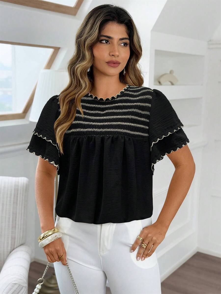 Franclia Camicetta casual in stile boho elegante, con inserti e doppio volant, taglie comode