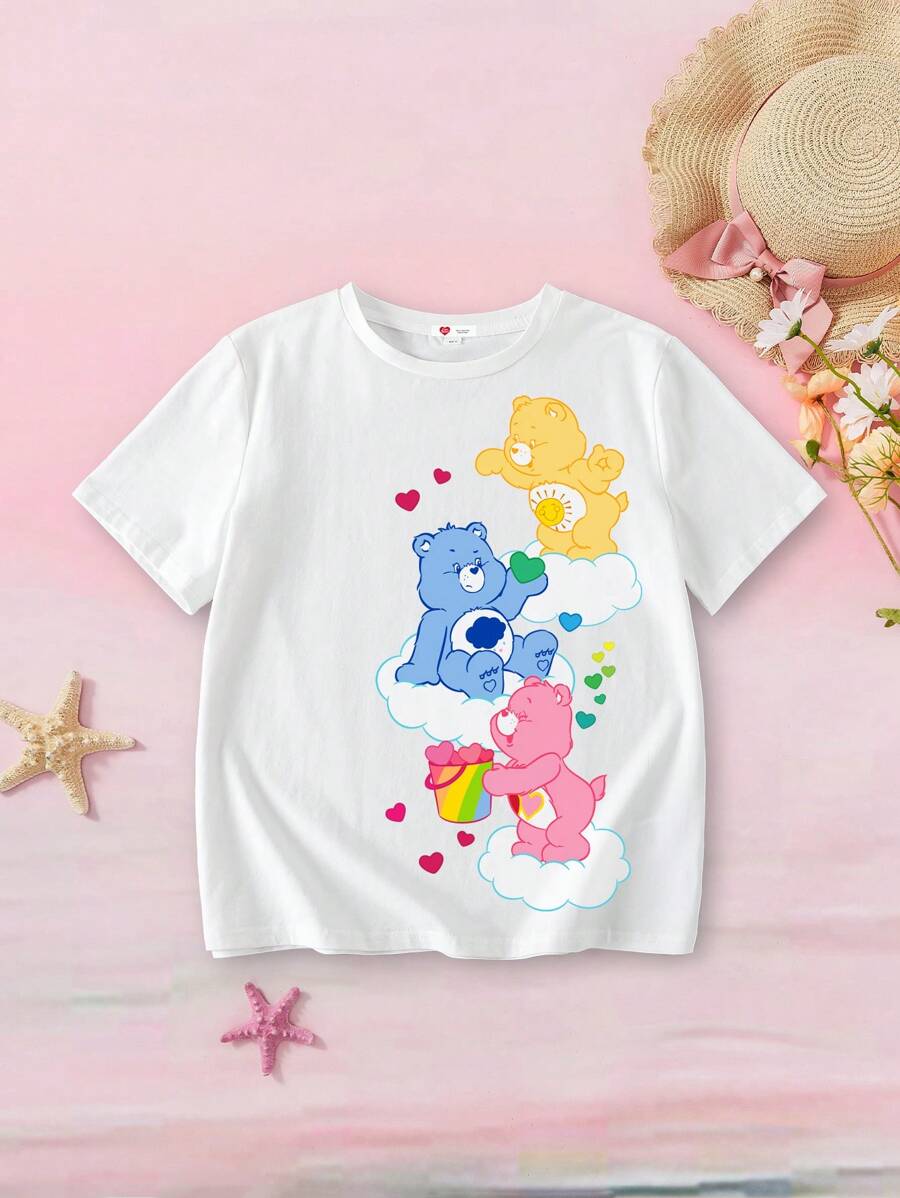 SHEIN X Care Bears Tween Girl Cute Bear Print Short Sleeve T-Shirt