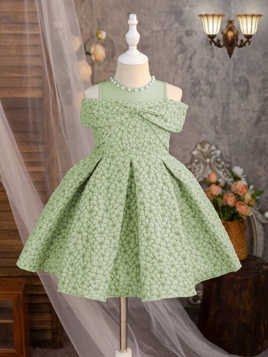 SHEIN Kleine Mädchen (klein) Tüllkleid mit Perlen-Applikation, Schleife und gewebter Verzierung für Festlichkeiten
