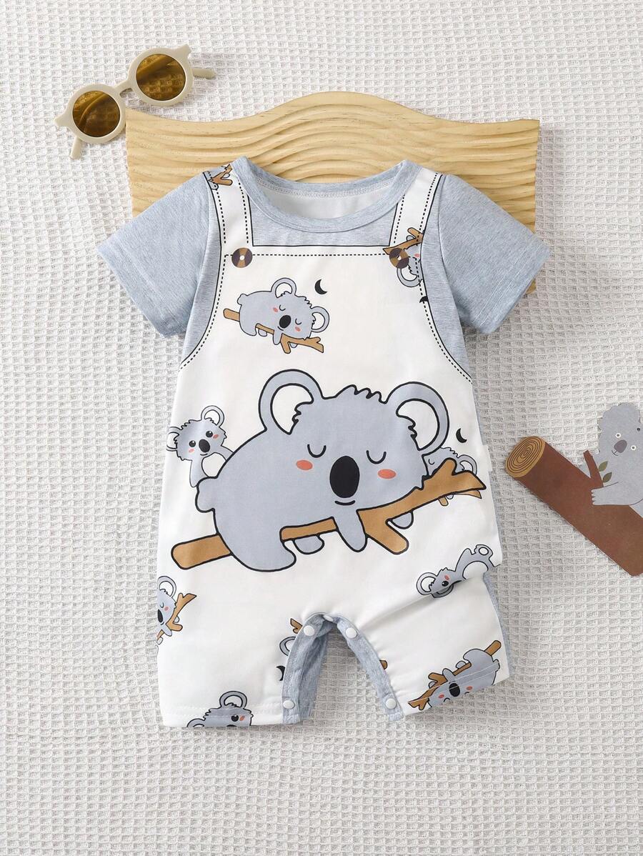 SHEIN Conjunto unisex de bebé con estampado de koala, 2 en 1 con mamelucos, adecuado para bebés recién nacidos para usar en verano en cualquier ocasión, el patrón de koala hace que el bebé se vea talla grande lindo