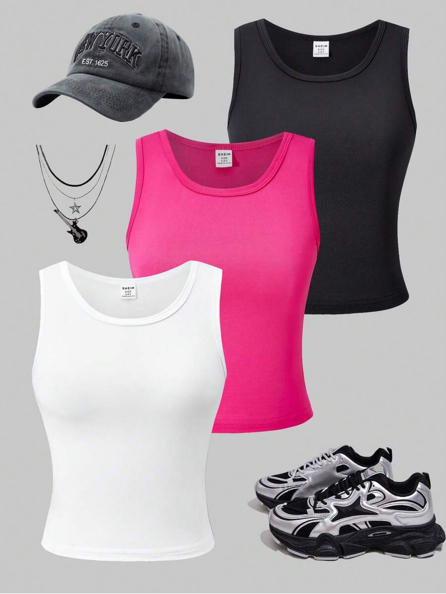 SHEIN Set de 3 blusas de tirantes simples y casuales, versátiles y combinables, para adolescentes, para primavera/verano