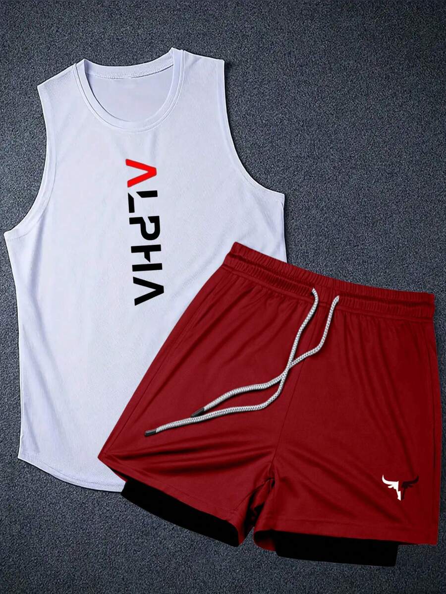 Manfinity Sport Corelite Men's Letter Print Round Neck Tank Top And Drawstring Waist Shorts Sports Suit Workout Set Gym Top Breathable