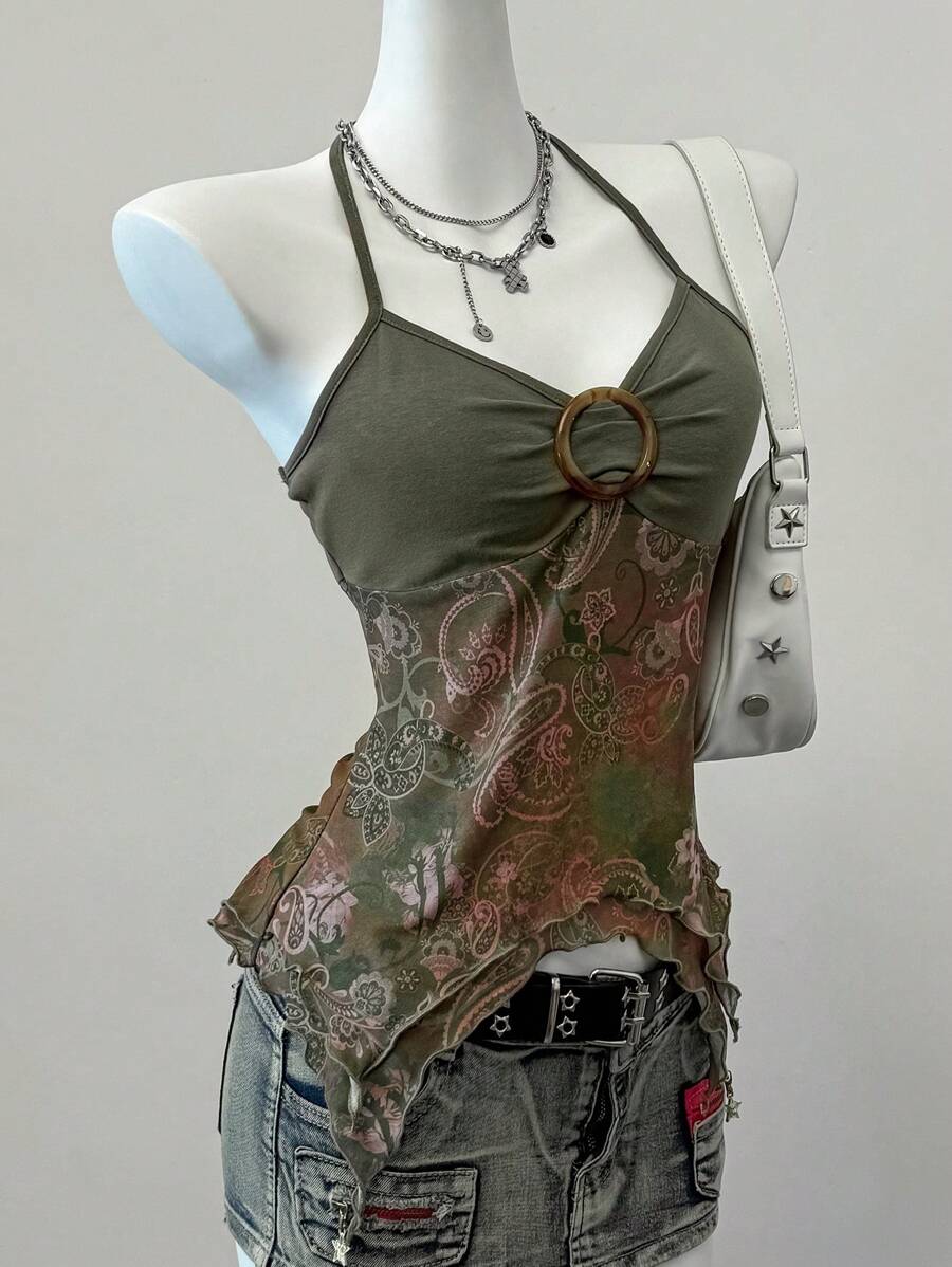 SHEIN EZwear Blusa de cuello halter sin espalda con estampado retro y de malla para vacaciones