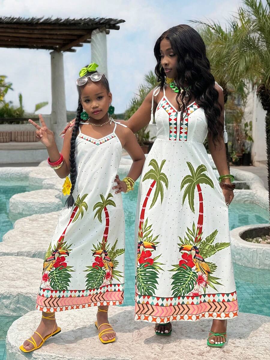 Vestido sin mangas con estampado tropical para niñas preadolescentes, ropa de playa y resort de verano, conjunto a juego de madre e hija (se venden por separado 2 piezas)