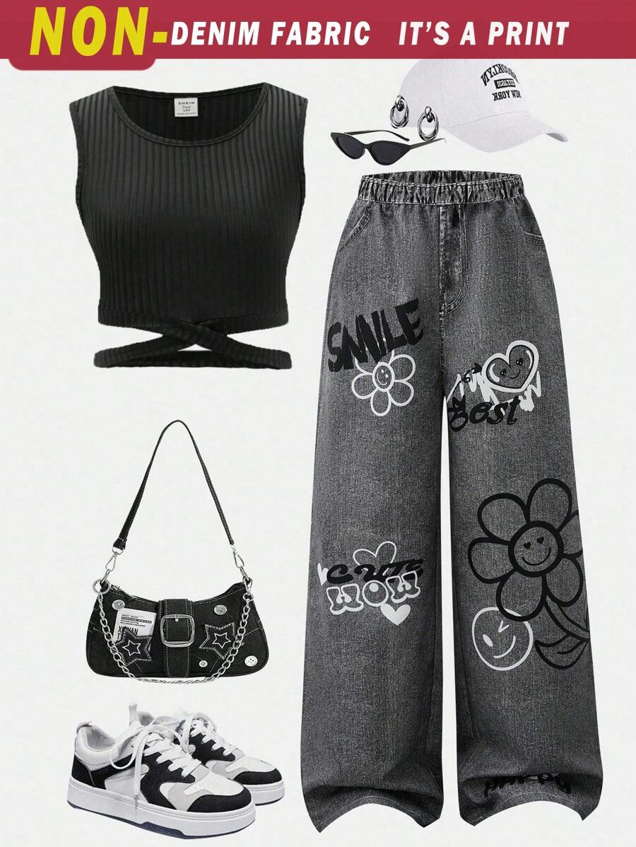 SHEIN 2pcs Teen Girls Casual Street Graffiti Print Denim Effect Wide Leg Pants + Cross Knitted Vest Set, Basic Outfit