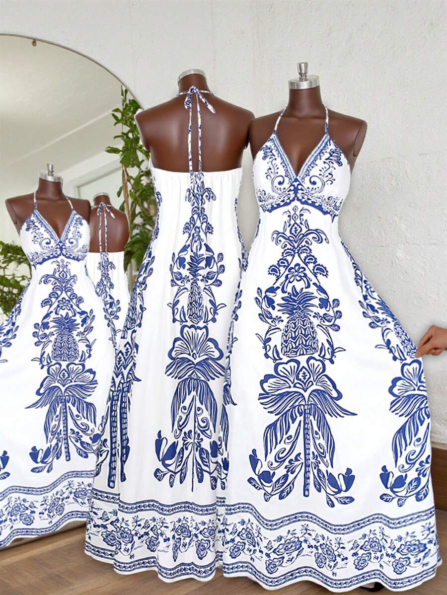 Plus Size Women Floral Print Halter Loose Long Dress, Vacation Beach Outfit