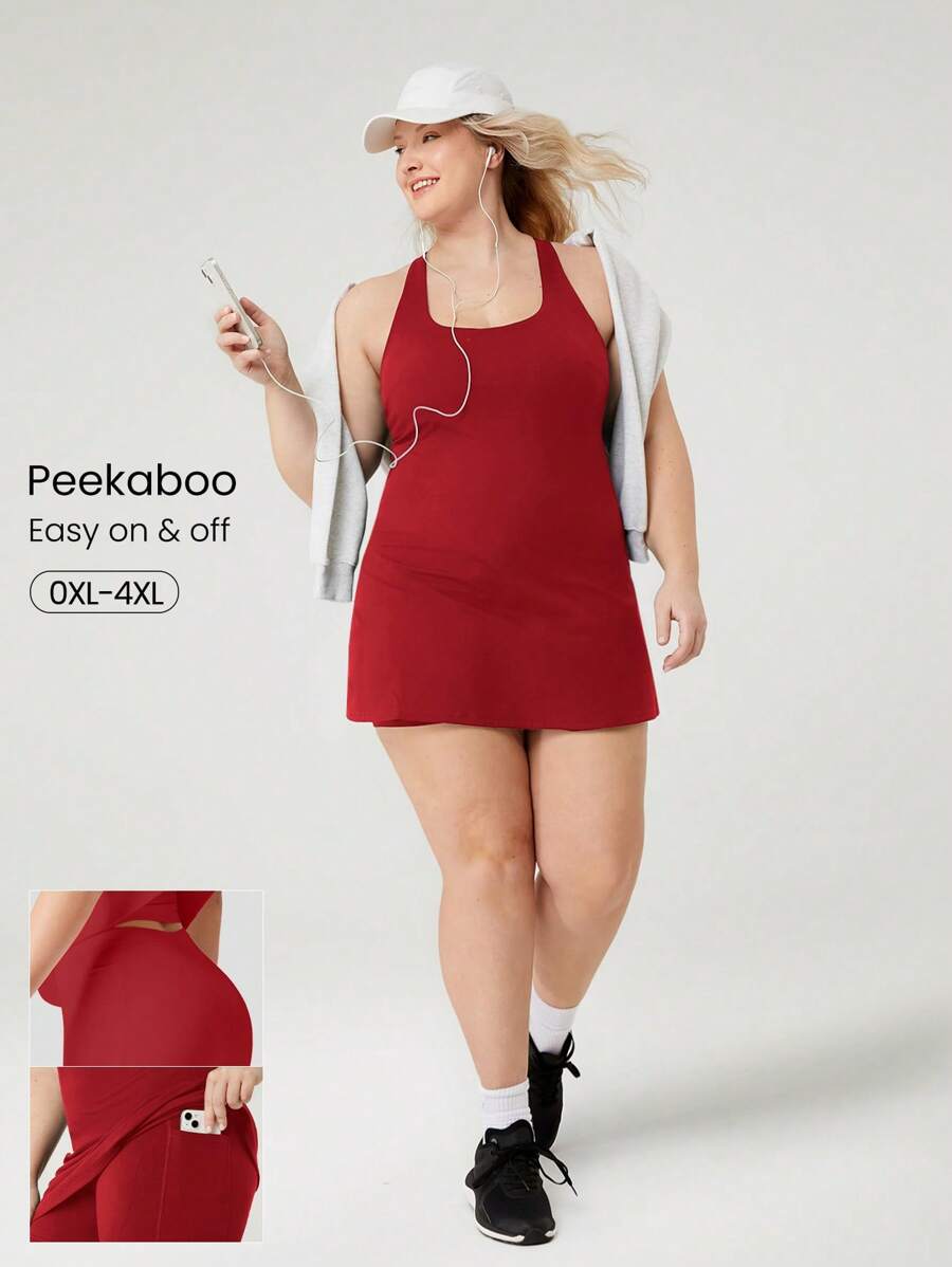 GLOWMODE FeatherFit™-Air Plus Size Peekaboo Strappy Dress With Built-In Anti-Slip Shorts Low Impact Yoga Daily Summer Dress Black Drss Quick Dry Moisture Wicking