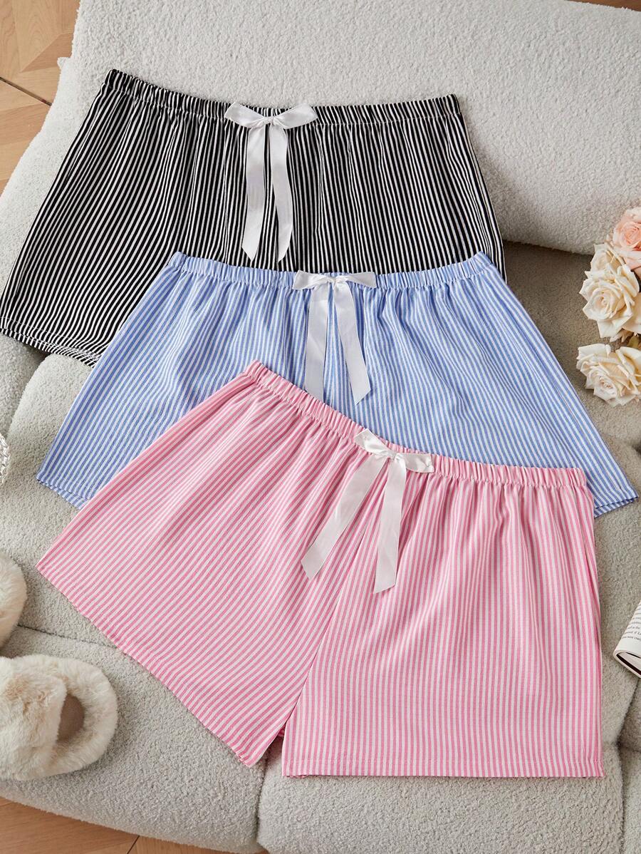 SHEIN 3-Pack Woven Simple Striped Yellow, Blue And Pink Shorts Set