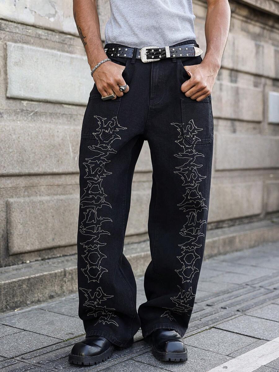Manfinity EMRG Men's Black Washed Gothic Graffiti Print Loose Wide-Leg Jeans