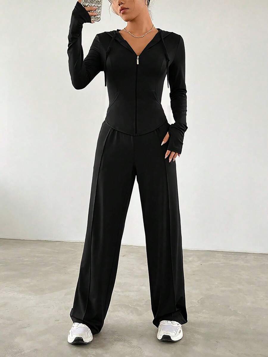SHEIN EZwear طقم قميص وسروال بغطاء للرأس برباط وسحاب للسيدات