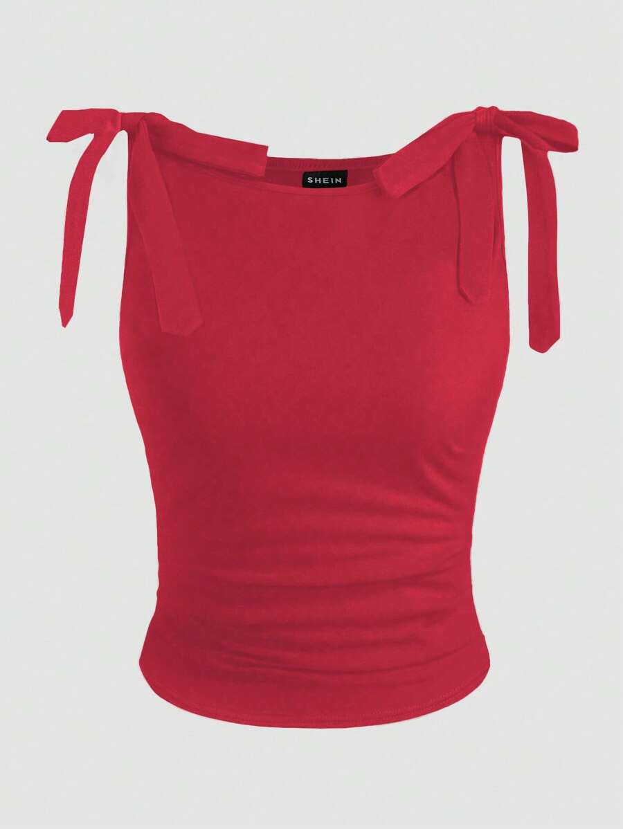 SHEIN Clasi Canotta da donna estiva a collo rotondo senza maniche, con fiocco sulle spalle, aderente e versatile