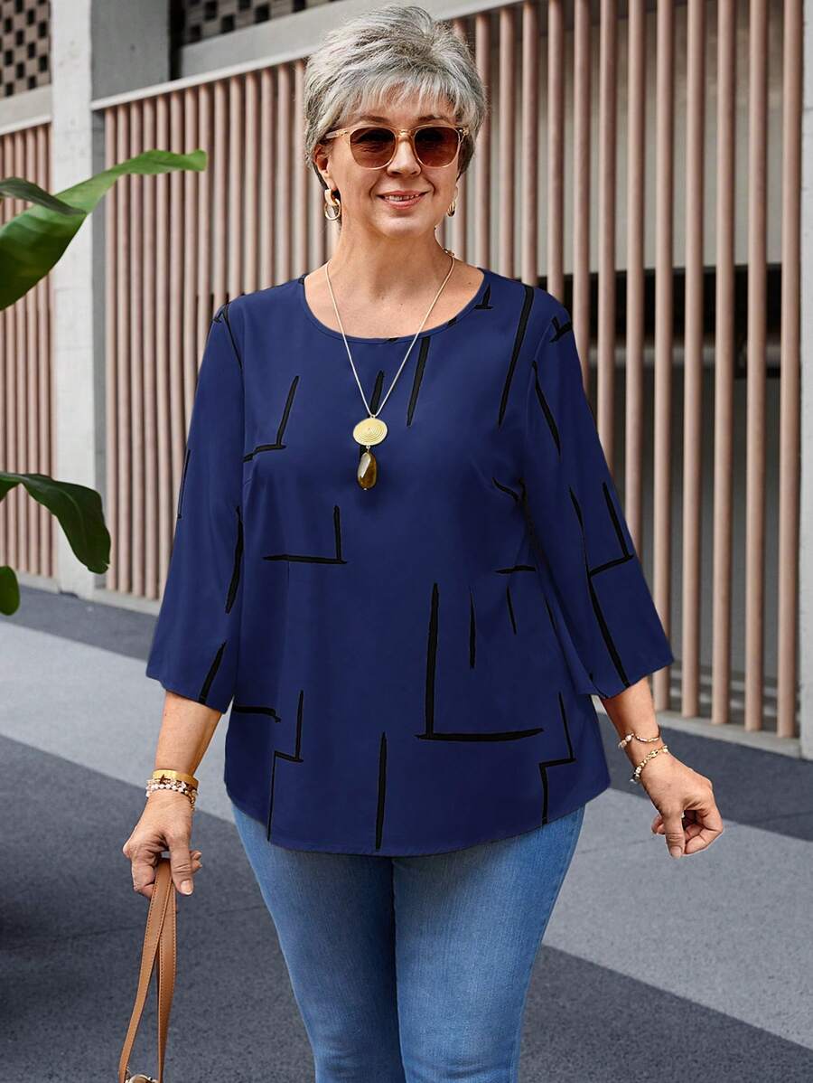 EMERY ROSE Camicia casual a maniche 3/4 con scollo rotondo, stampa linea old money, per abbigliamento da donna elegante casual in taglie comode per la primavera