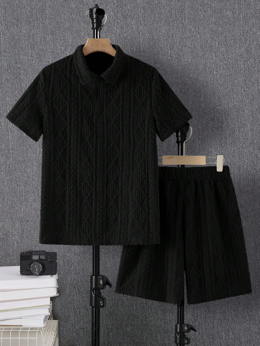 SHEIN Conjunto casual de 2 piezas para adolescentes varones: Camisa tipo polo con cremallera y cuello, de tela texturizada, y pantalones cortos, adecuado para salidas, fotografía callejera, fiestas, caminatas urbanas, ropa de primavera