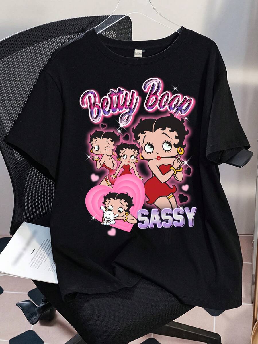 Betty Boop x SHEIN Plus Size Cartoon Figure And Letter Graphic Crew Neck Short Sleeve T-Shirt Black Tee Funny Graphic Tees Women Funny T Shirts Women Funny Graphic T Shirts For Women Funny T Shirts Women Summer Outfits For Women/ Summer / Summer Clothes / European Summer Casual Shirts Y2k Clothes
