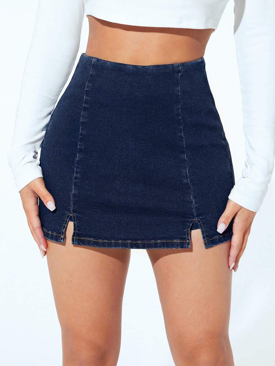 SHEIN PETITE Falda pantalón de mezclilla de cintura alta con abertura lateral, estilo de moda de verano