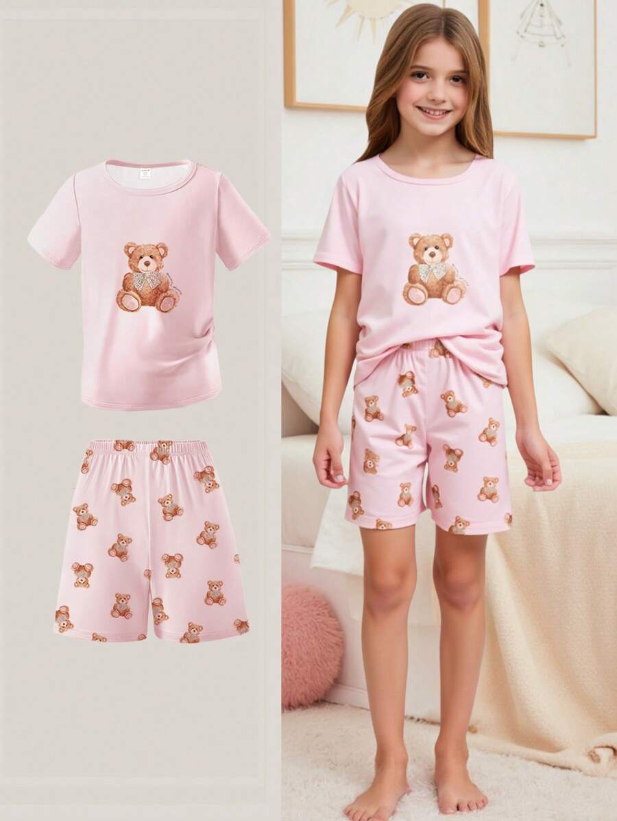 Set de 2 piezas de pijama para niñas preadolescentes, ajustado con estampado de oso de peluche y sakura rosa, top de manga corta y pantalones cortos, cómodo y con estilo