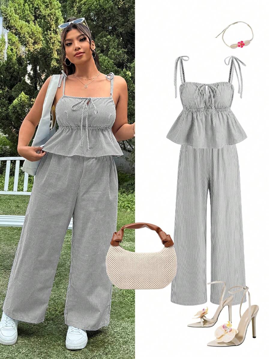 SHEIN EZwear Plus Size 2pcs Set: Casual Vacation Style Square Neck Striped Tie-Front Crop Top & High Waist Striped Wide Leg Pants, Spring/Summer
