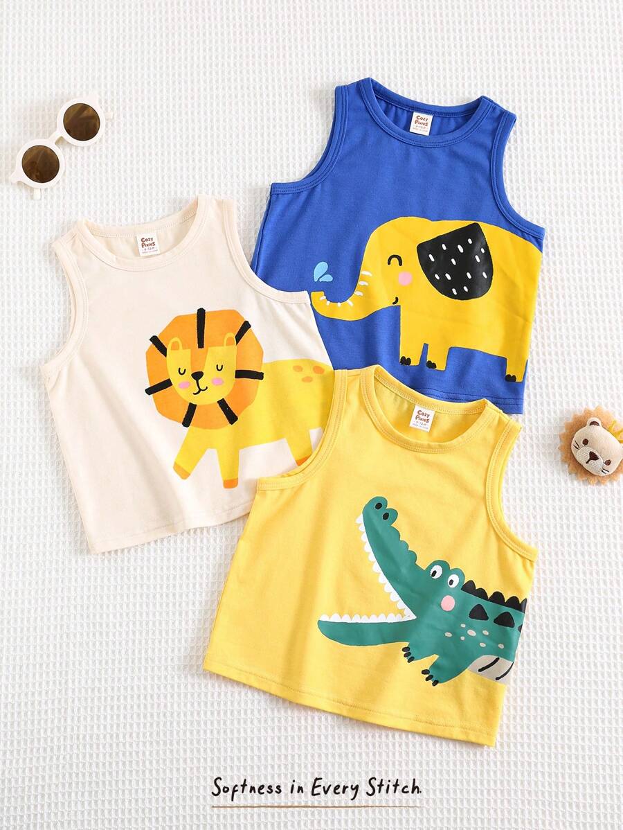 Cozy Pixies Set de 3 piezas de chaleco de punto suave con cuello redondo sin mangas con diseños de animales de dibujos animados para bebé niño