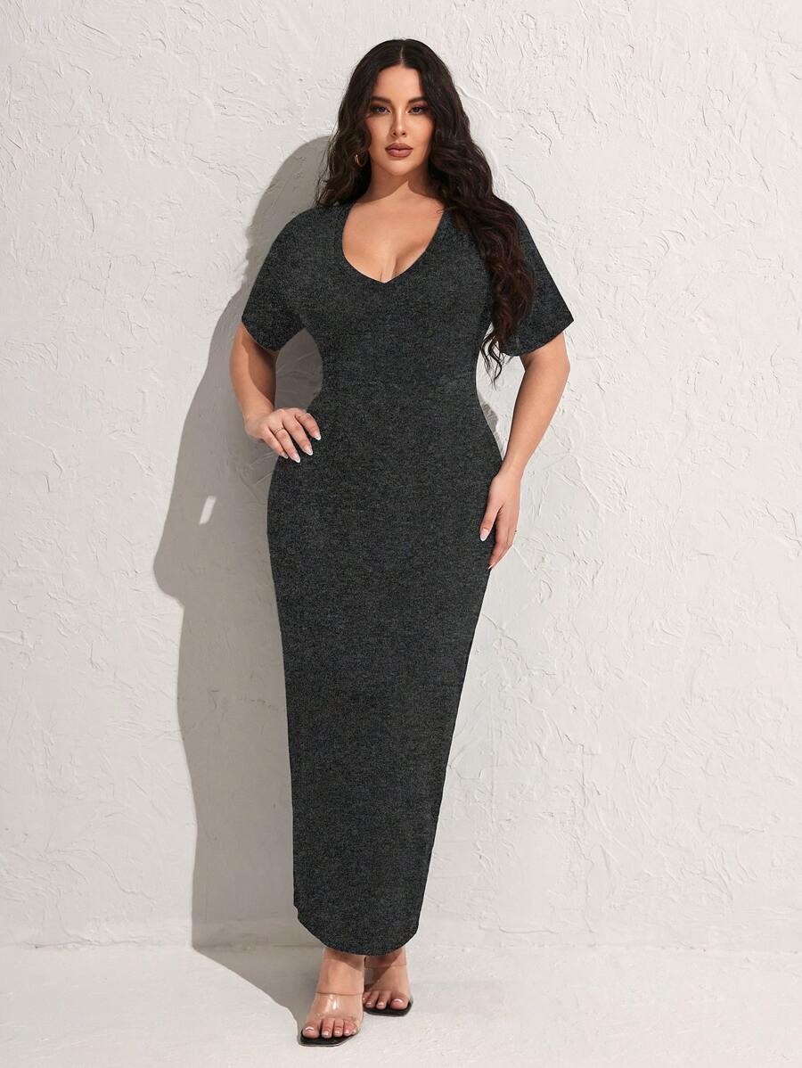 SHEIN SXY Robe élégante ajustée à col en V et manches courtes pour femmes grandes tailles