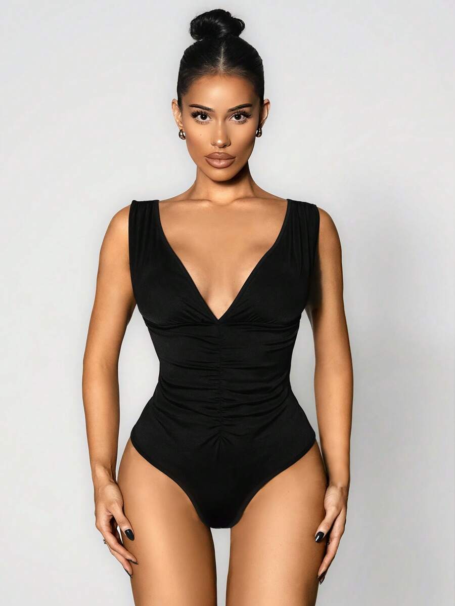 Sirith Women's Sexy Solid Color Elegant Deep V Neck Ruched Bodysuit
