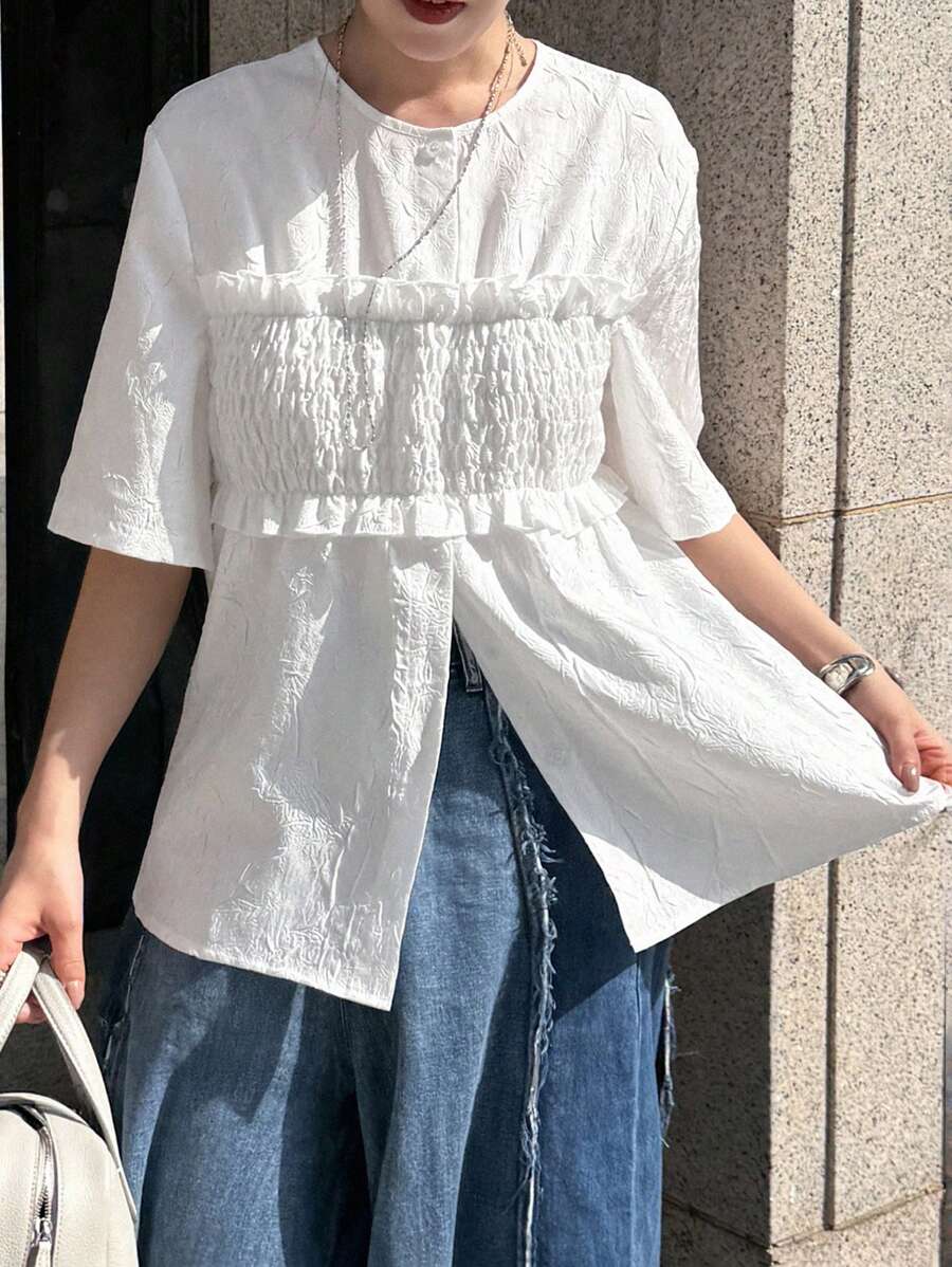 FRIFUL Camicia estiva da donna con bustier imbottito, a maniche corte, con scollo tondo e design patchwork, stile loose