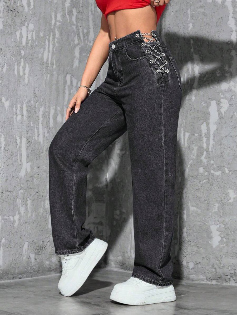 SHEIN EZwear Jeans de unicolor, con bolsillo, ajustado y recto con cordones