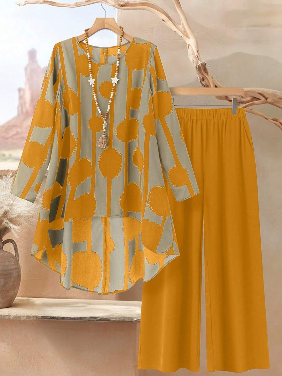 Rusticease Damen Set in großen Größen mit 2 Stücke, geometrisches Muster, Rundhalsausschnitt, Langarm, asymmetrischer Saum Top und Hose, Lässig, Winterset