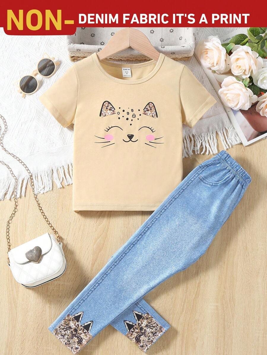 Conjunto de 2 peças de roupa esportiva casual para meninas, camiseta e calça comprida com estampa de gato fofo e rosto sorridente, adequado para uso diário no verão