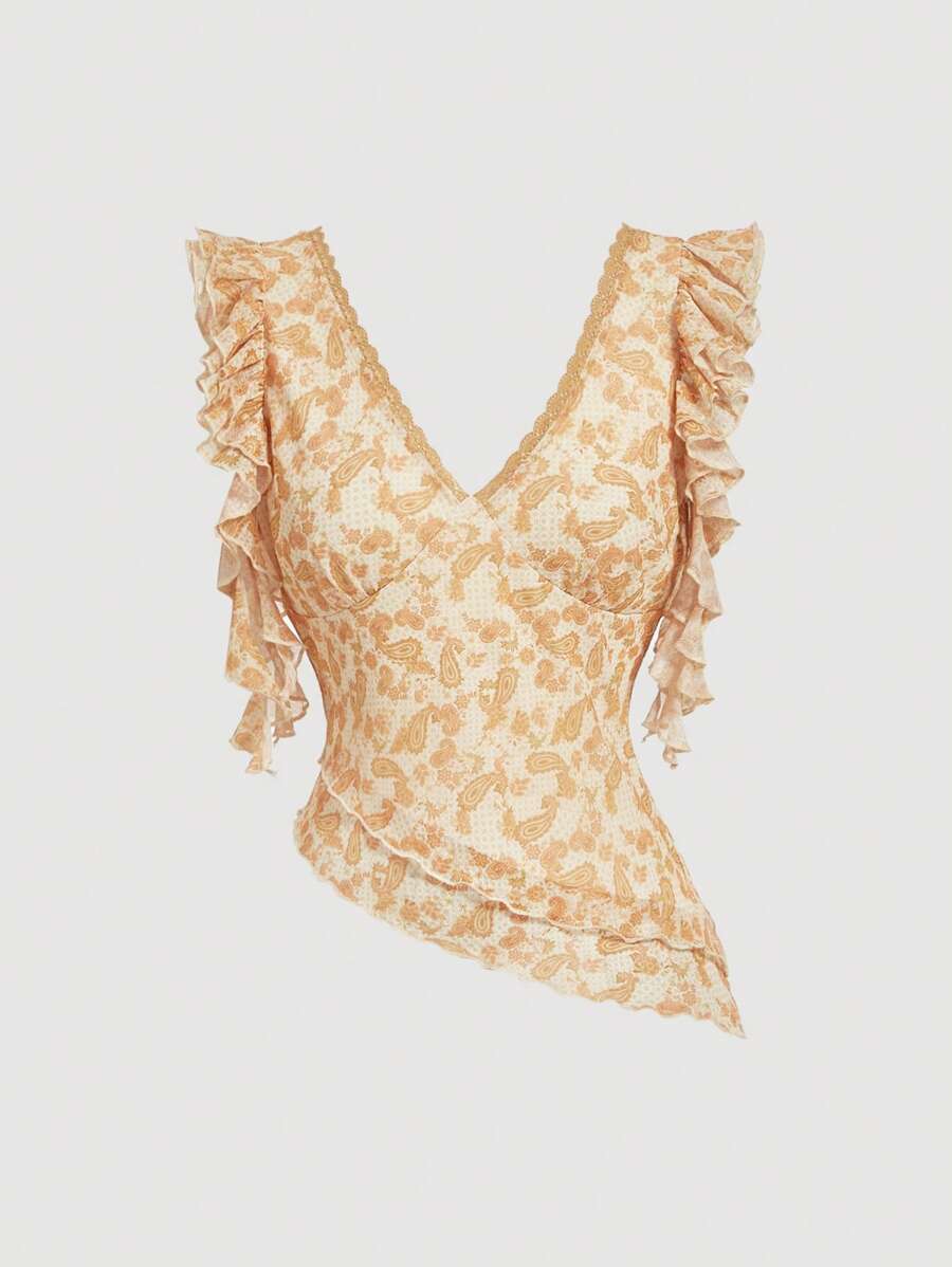 SHEIN MOD Top asimmetrico da donna con scollo a V e arricciature floreali, adatto per primavera/estate, top con arricciature da vacanza, carino, con grafica, stile occidentale, uscita, Pasqua, stile boho, festival rave, vacanza in spiaggia