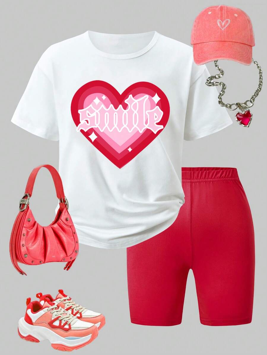 SHEIN 2pcs/Set Tween Girls Cozy Minimalist Heart Print Short Sleeve T-Shirt And Skinny Shorts Outfit, Suitable For Outdoor And Sports Outfit For Girl Outfit Set For Teen Girls