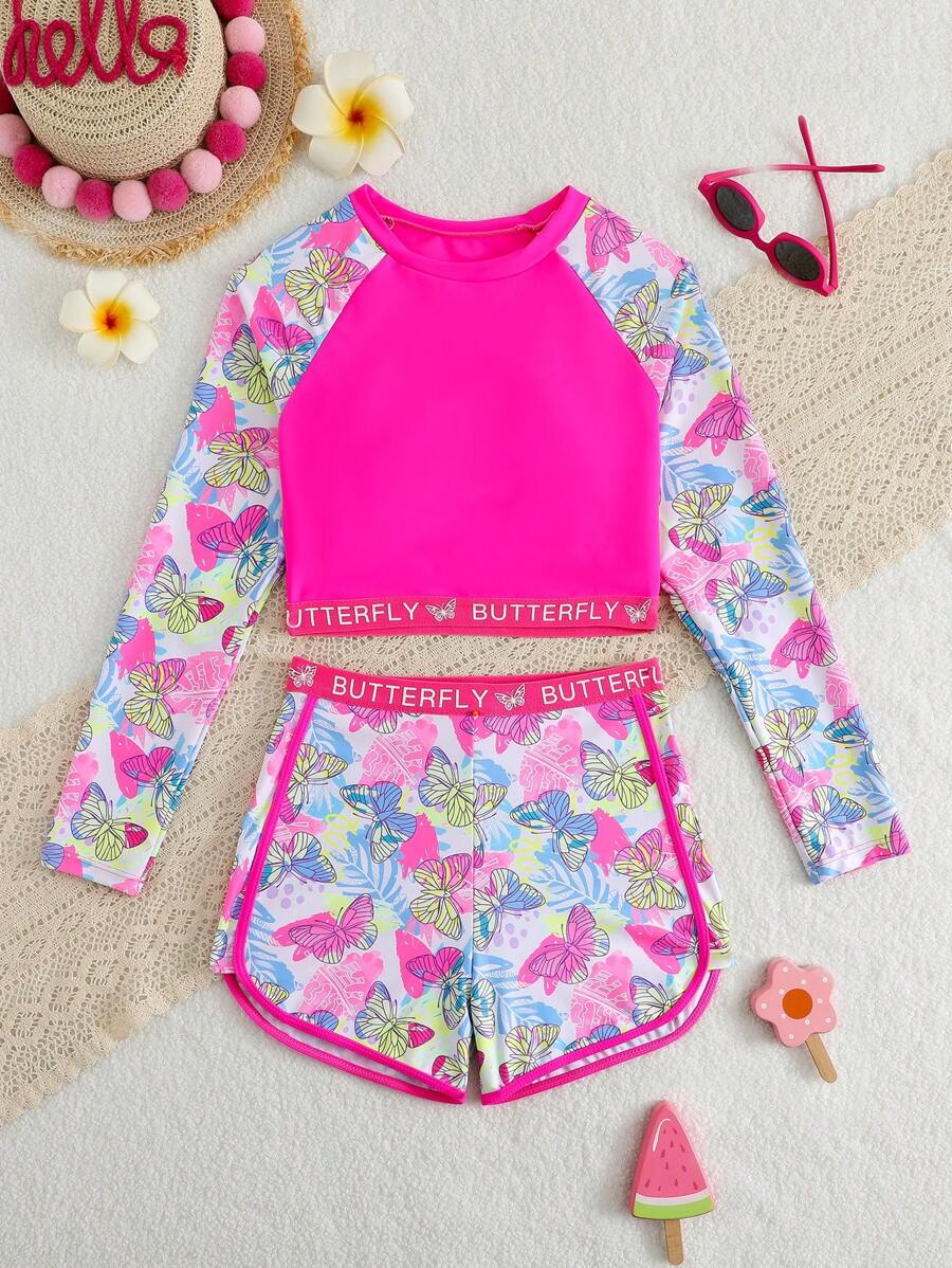 Set di costumi da bagno a tankini con stampa farfalla e patchwork per ragazze pre-adolescenti, per vacanze al mare