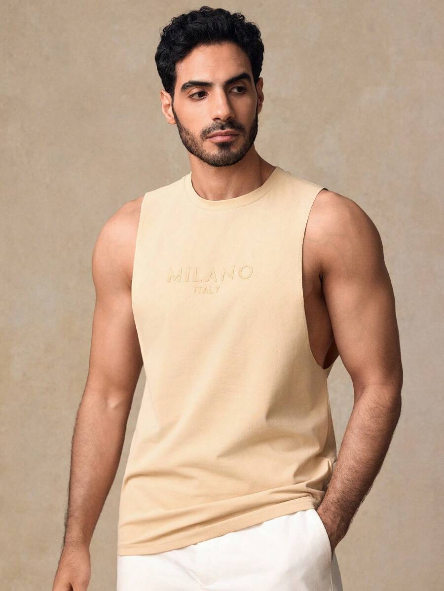 Manfinity ModaGents Men's Casual Knit Letter Pattern Thick Crewneck Sleeveless Tank Top, Slim Fit Solid Color, Suitable For Everyday Wear