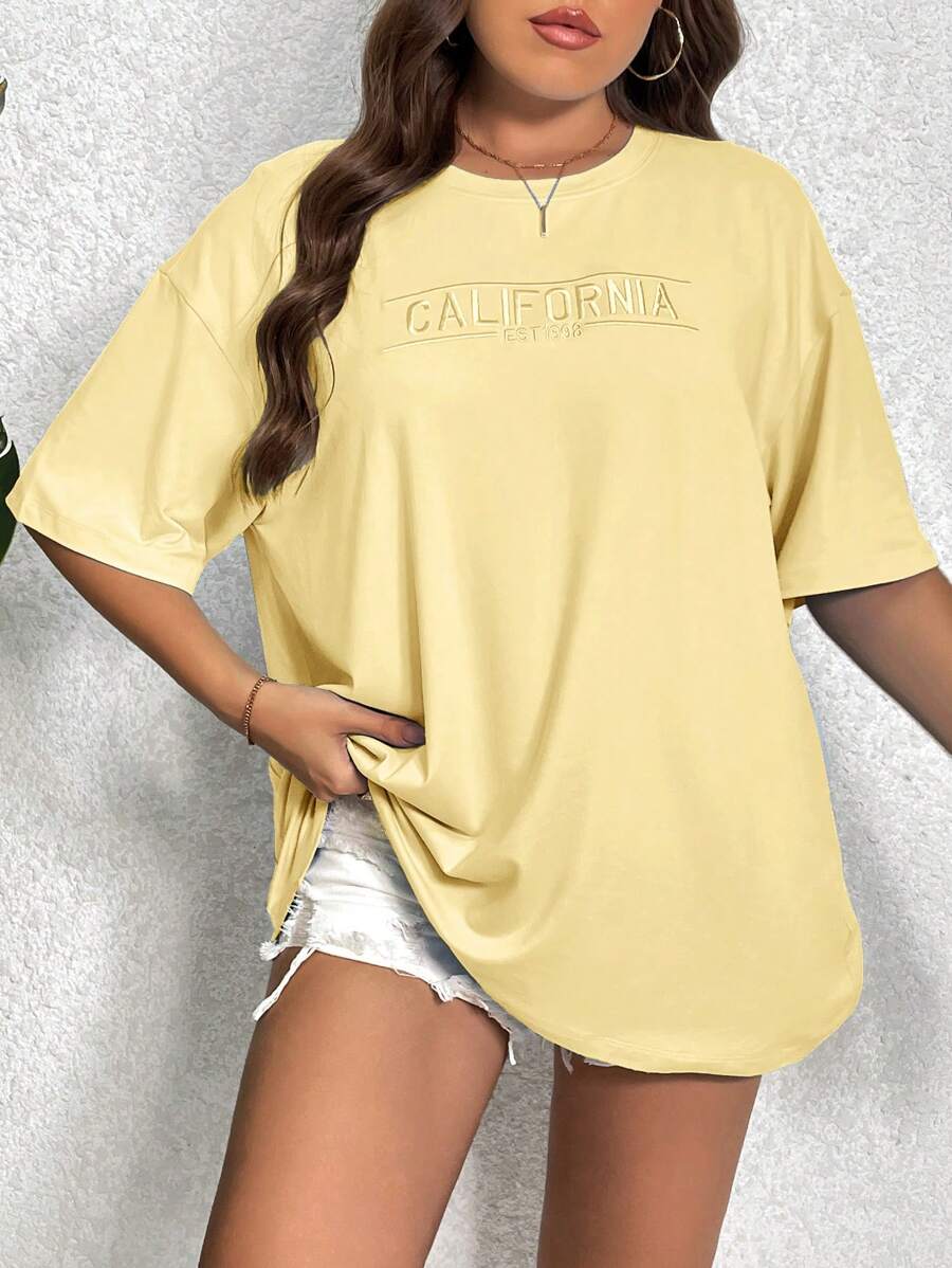 SHEIN EZwear T-shirt décontracté à encolure ronde, manches tombantes, avec broderie de lettres, pour femmes grandes tailles