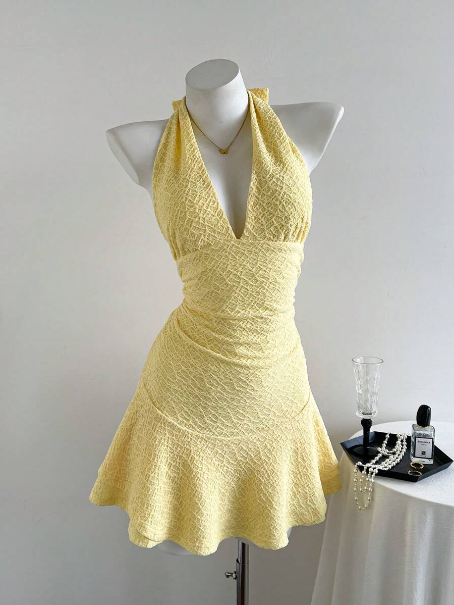 Elamini Women's Summer Casual Everyday Solid Color Knitted Fabric Double Layer Ruffle Halter Tie Bow Mini Dress