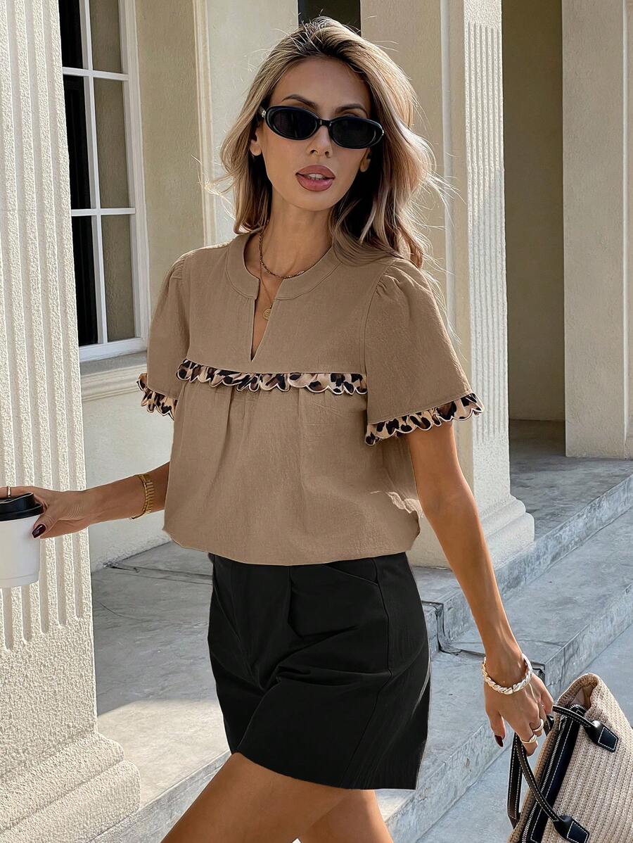 SHEIN Frenchy Women's Leopard Print Patchwork Shell Trim Short Sleeve Shirt, Everyday Summer