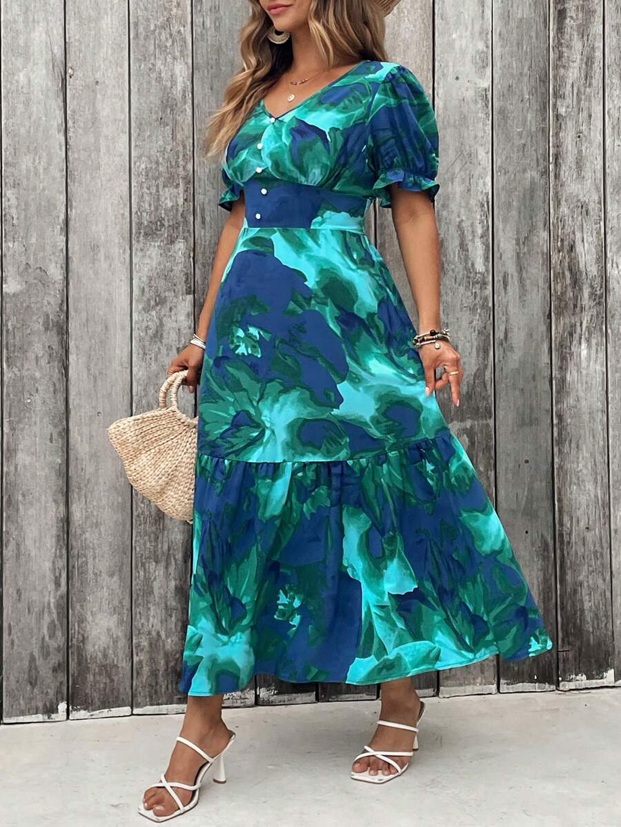 SHEIN Clasi Abito corto con scollo a V, stampa floreale, balza sul fondo, maniche corte, adatto per l'estate, abito di Pasqua per donna, stile bohémien, abito da rave, abito bohémien, abito da tè, abiti lunghi per donna, abiti verdi per donna, abiti per donna, abiti lunghi per donna, abiti estivi per donna, abiti estivi da donna per vacanze