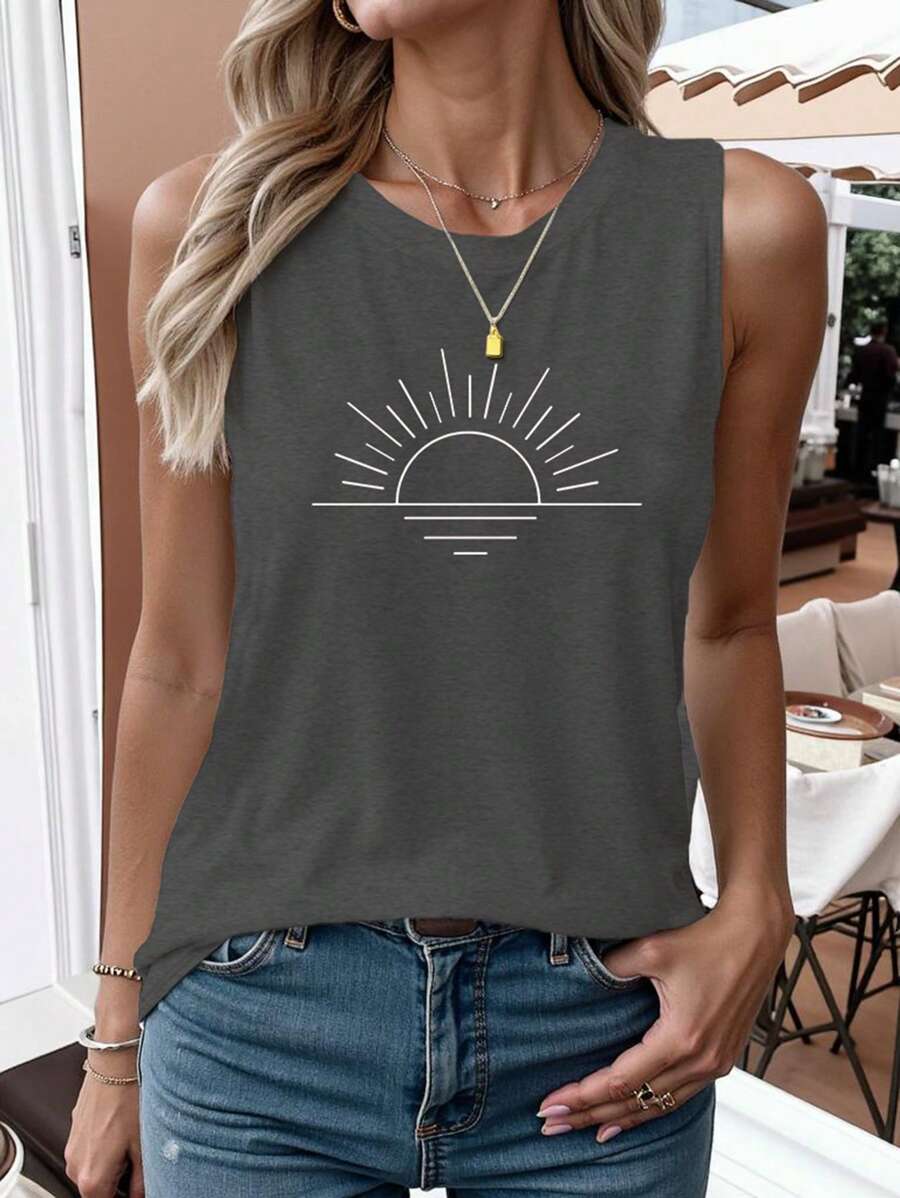 INAWLY Sunrise Easy Line Drawing Printed Casual Round Neck Tank Top Graphic Tees Women Tops