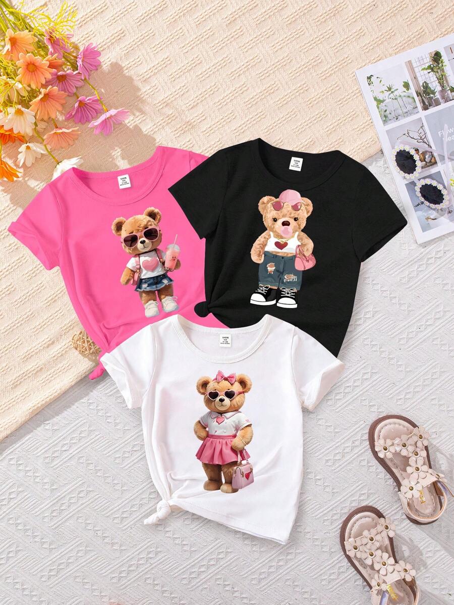 SHEIN GraphicGems Baby Girl Bear Print Round Neck Short Sleeve Top
