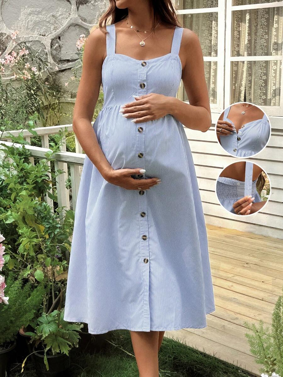 SHEIN Vestido de enfermería con tirantes anchos, apertura con botones en la parte delantera, tirantes ajustables, vestido largo con diseño a rayas