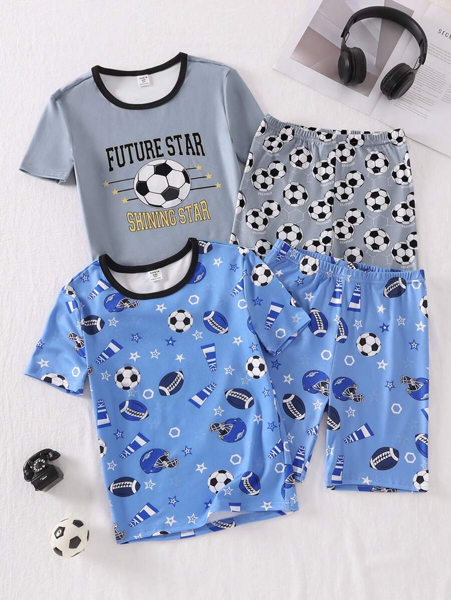 Set da 4 pezzi di pigiama sportivo per ragazzi adolescenti, composto da maglietta a maniche corte con grafica calcio blu navy e grigia, e pantaloncini, realizzato in maglia elastica di spandex