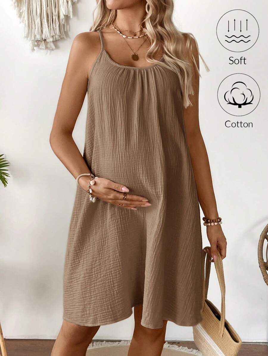 SHEIN Pregnant Women Summer Casual Solid Color Sling Dress Maternity Dress