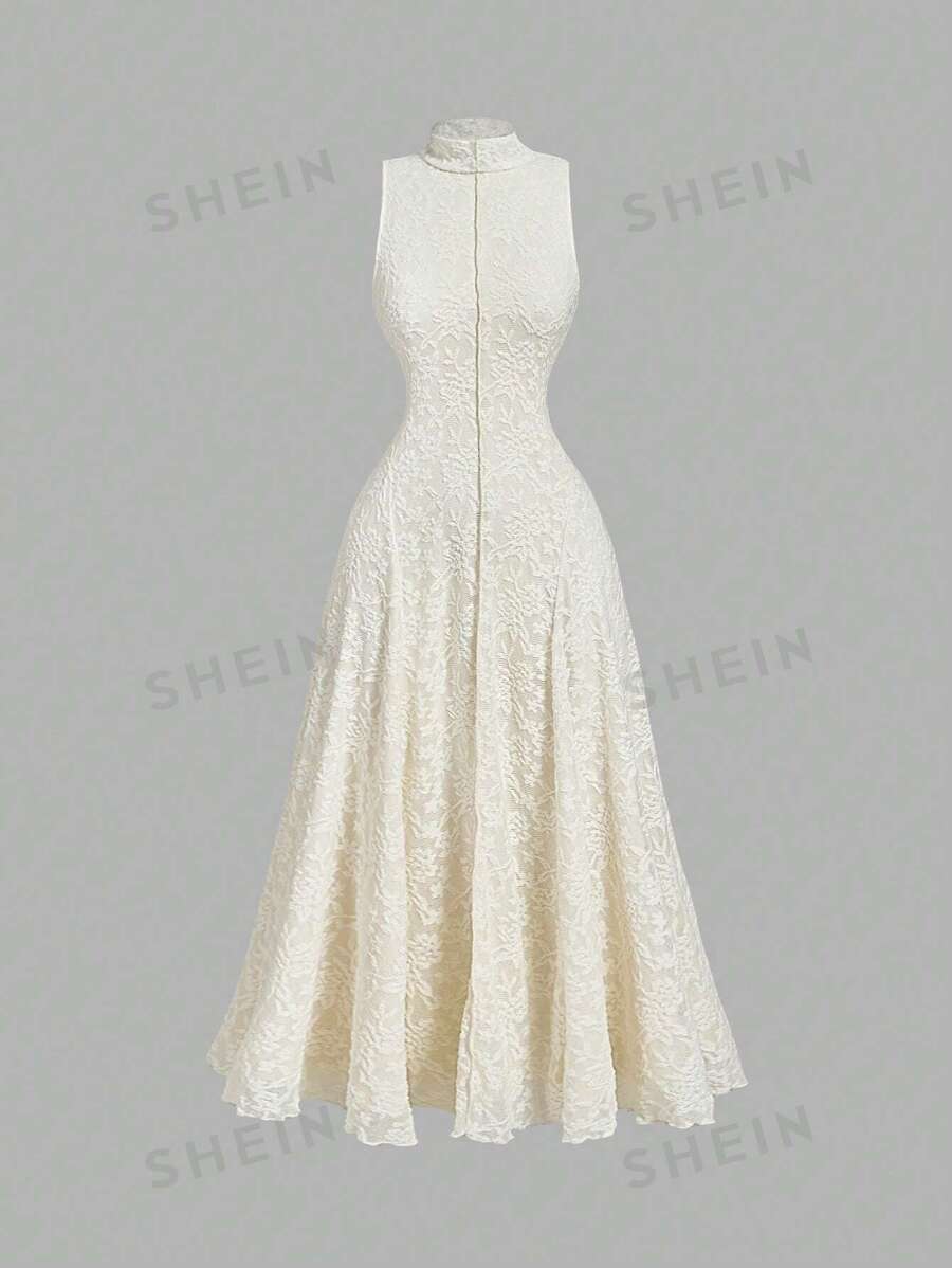 SHEIN MOD Vestido elegante sin mangas con cuello alto y estampado jacquard de unicolor para mujer