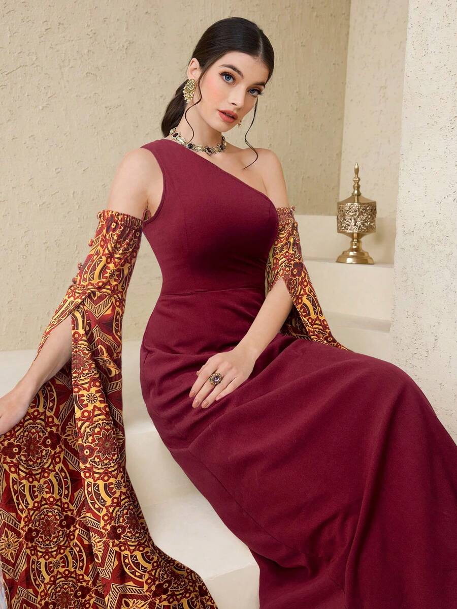 Al Najma Women's Floral Print Asymmetric Neck Elegant Arabic Style Dress