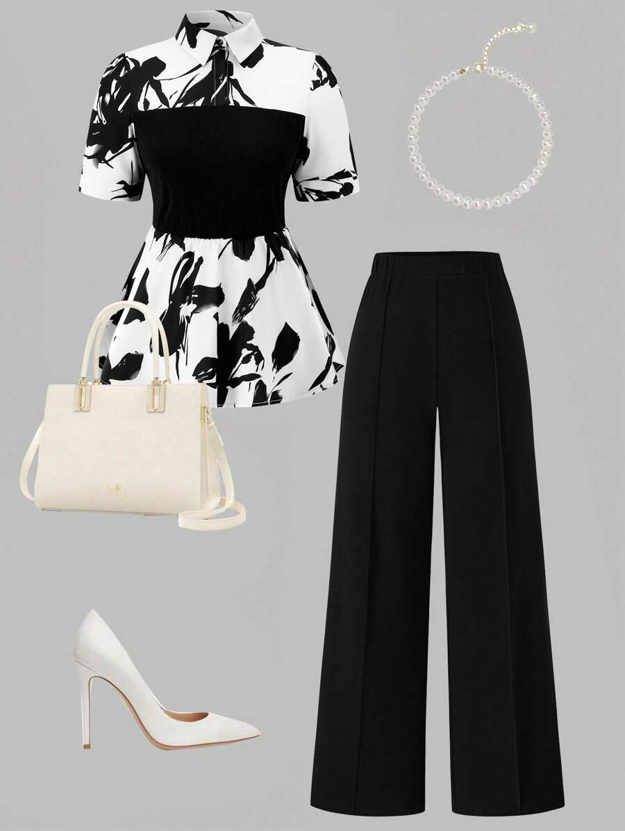 SHEIN Clasi Plus Size Elegant Commuter Color Blocking Print Patchwork Shirt And Trousers Two Pieces Set