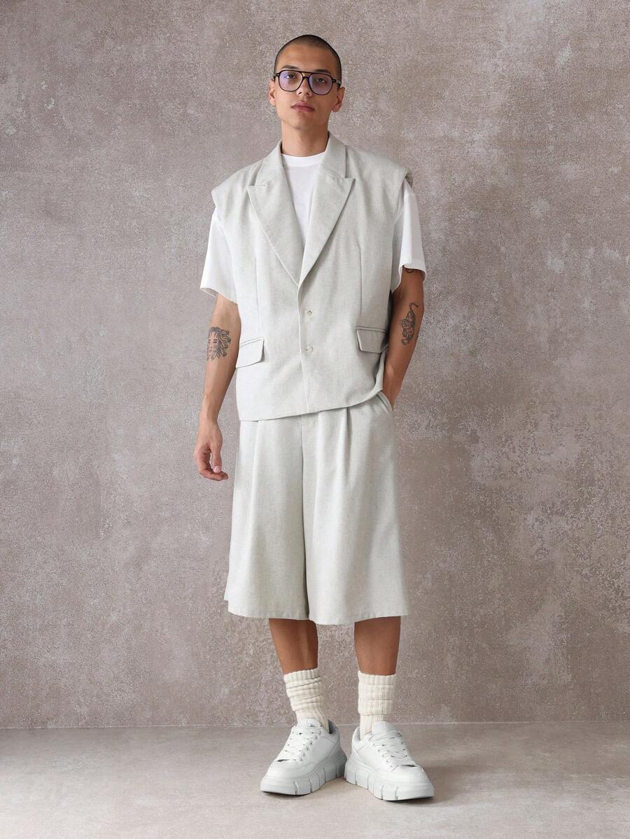 SUMWON Conjunto de dos piezas con aspecto de lino para verano: chaleco y pantalón corto. Conjunto de traje moderno con pantalón corto de pierna ancha, plisado y chaleco corto a la cintura.